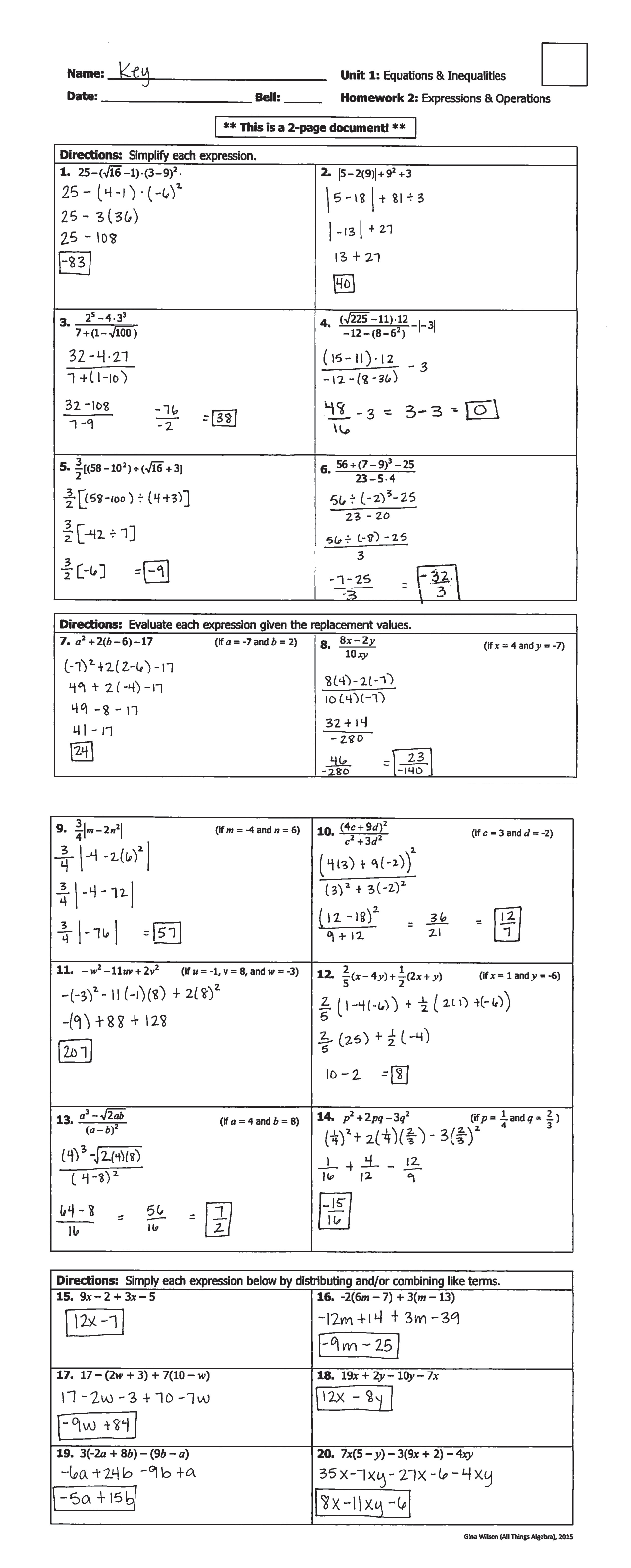 homework 2 expressions and operations answer key